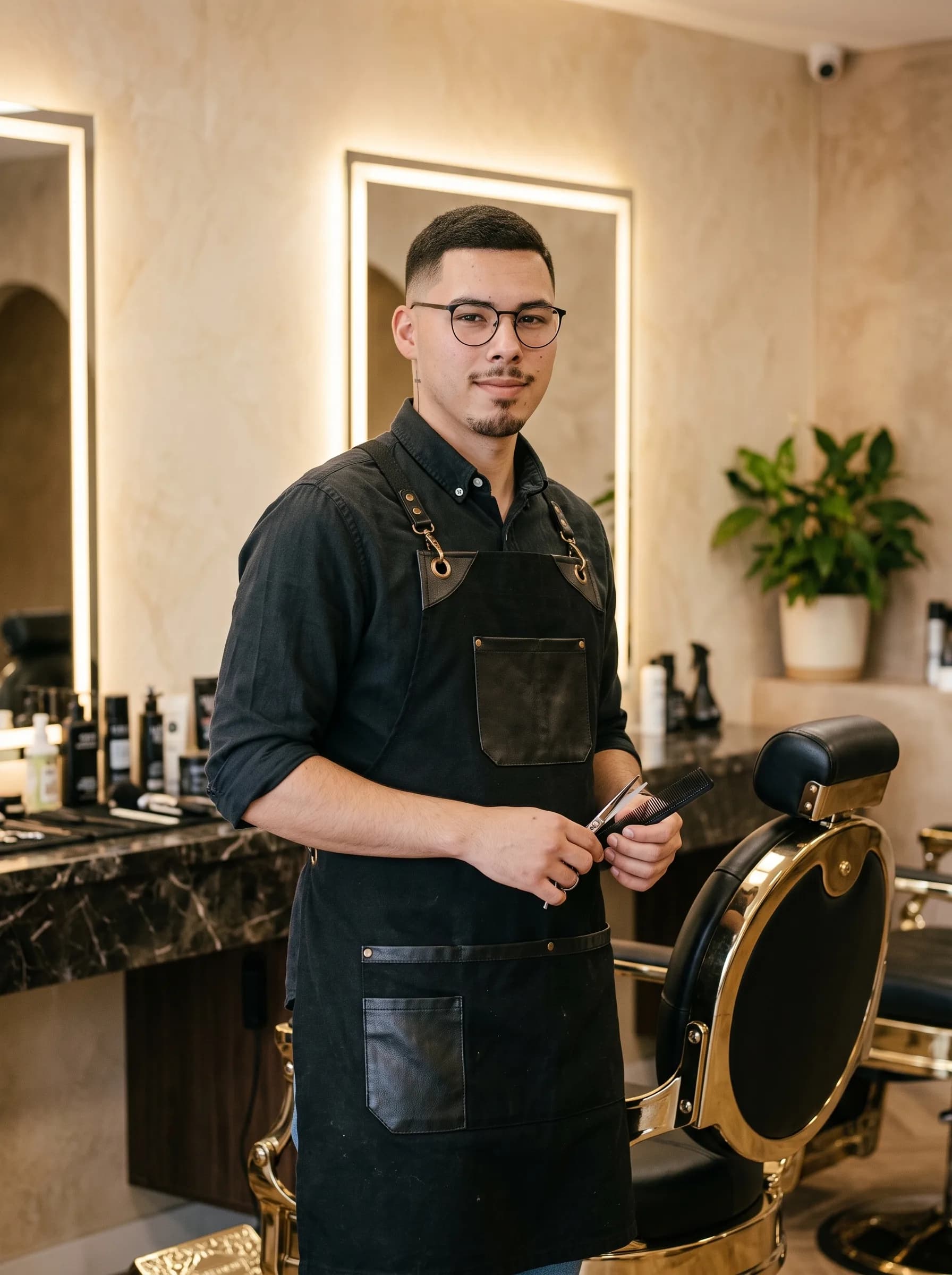 Barbero de Matias Barbershop junto al sillón negro con detalles dorados, en un local con espejos de luz cálida